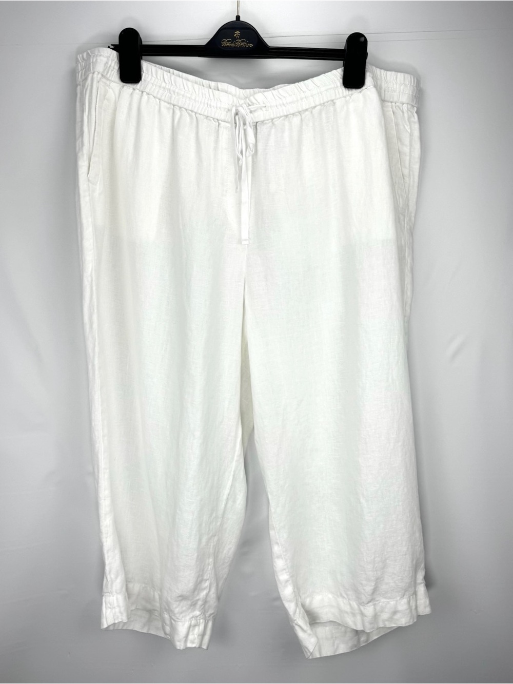 White 100% Linen Drawstring Cropped Pants
